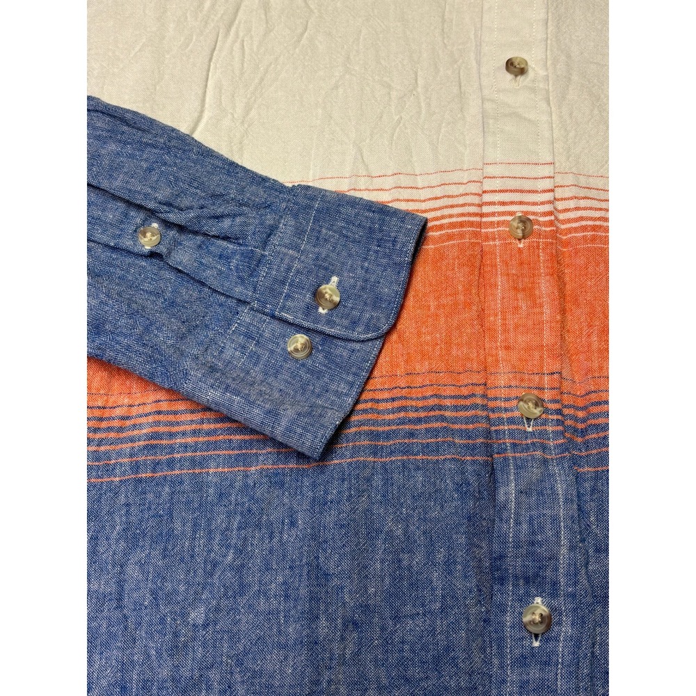 Paul Fredrick Mens Slim Fit Linen Blend Mandarin Collar Ombre Stripe‎ Shirt L - Picture 3 of 9